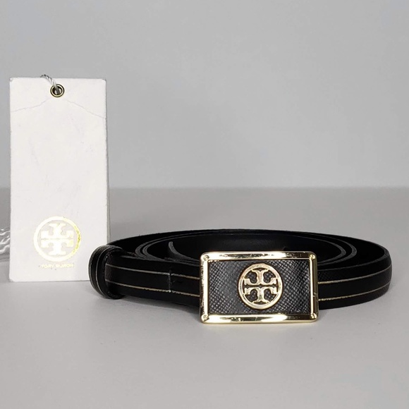 Tory Burch Accessories - RARE TORY BURCH Skinny Belt w Dbl Gold Stripes